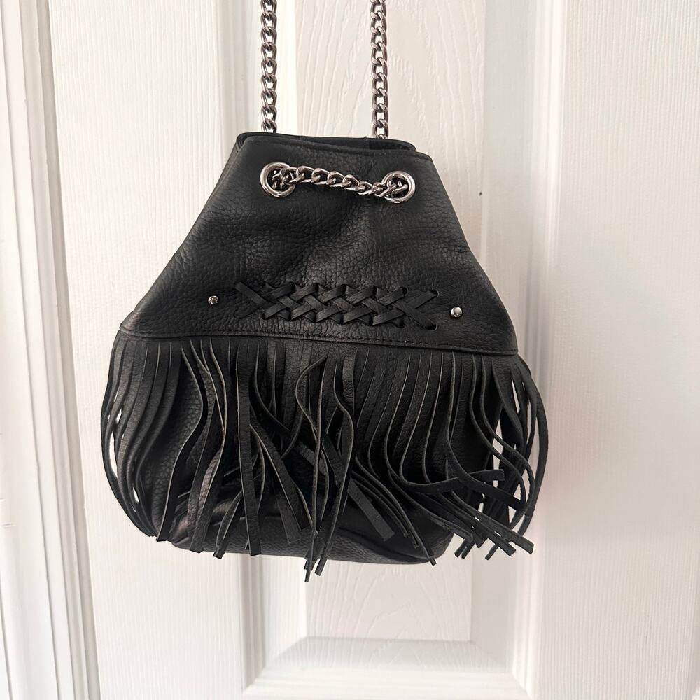 Lauren Ralph Lauren RLL Black Leather Fringe Barton Eloise Drawstring Mini Bag - Picture 3 of 6
